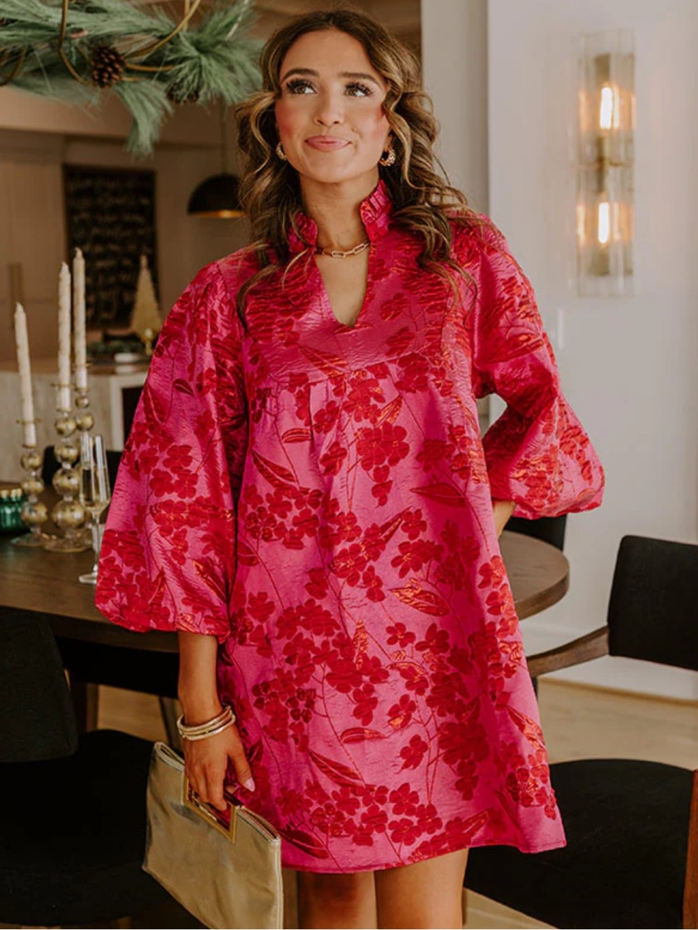 Jodifl Hot Pink & Red Brocade Puff-Sleeve Tunic Mini Dress M NWT